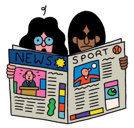 Illustration of a couple reading a newspaper