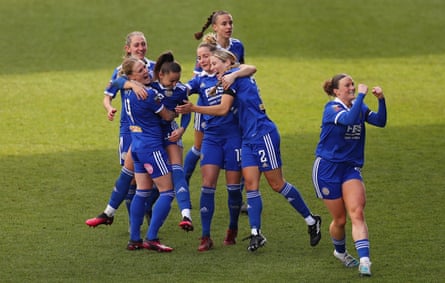 Hannah Cain of Leicester is congratulated by teammates after scoring against Liverpool.