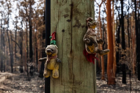 Burnt christmas decorations hang from a telegraph pole south of Bulahdelah, NSW, Australia