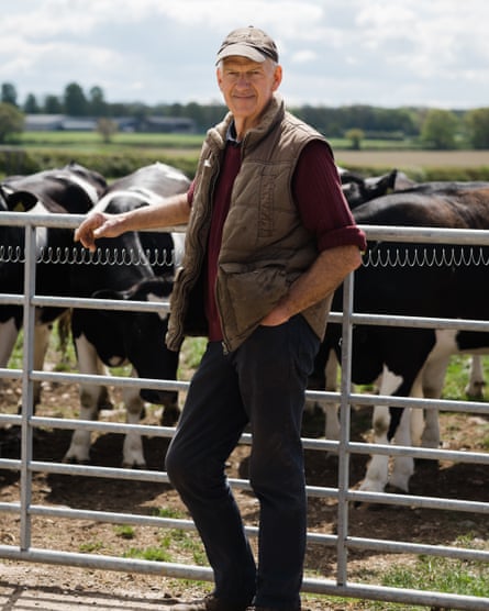 A male farmer stands alongside a gate behind which stand cattle