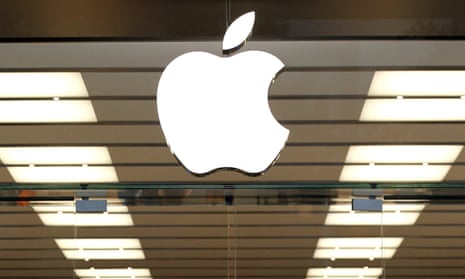 an apple logo with strip lights in the background