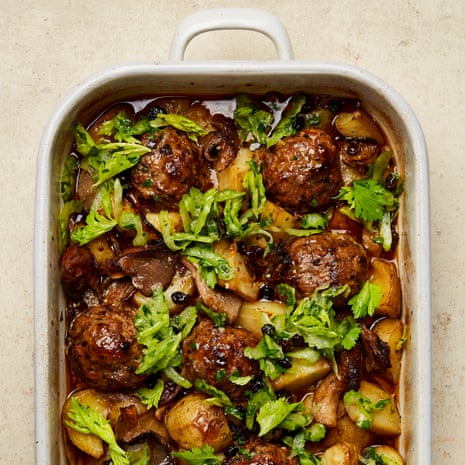 Yotam Ottolenghi’s meatball and mushroom traybake with celery salsa