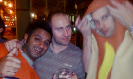 Rich Pelley on a stag do, with the stag dressed as a hotdog.
