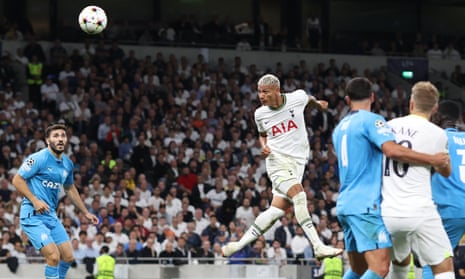 An unmarked Richarlison heads home his first goal in Tottenham’s 2-0 victory on their return to the Champions League.