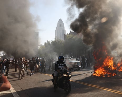Waymo self driving taxis burn in downtown Los Angeles on the third day of protests against ICE and Donald Trump's immigration policy