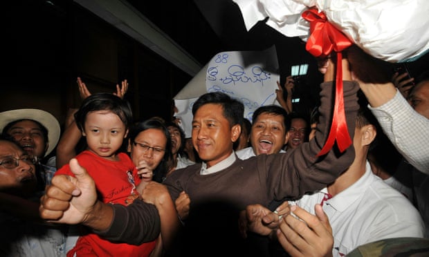 Kyaw Min Yu (centre), known as Ko Jimmy, photographed after being released from prison in 2012.