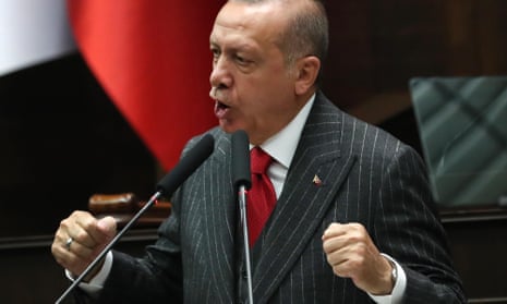 President of Turkey and leader of Turkey’s ruling Justice and Development (AK) Party Recep Tayyip Erdogan addresses party members during his party’s parliamentary group meeting at the Grand National Assembly of Turkey on May 7, 2019 in Ankara