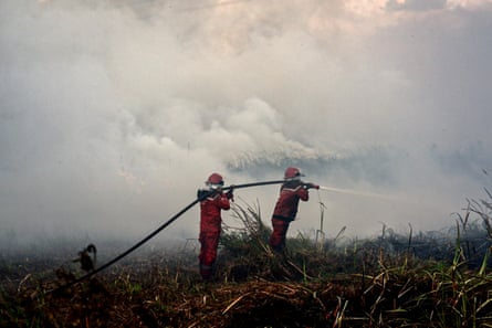 Two firefighters with a big hose try to extinguish a peatland fire