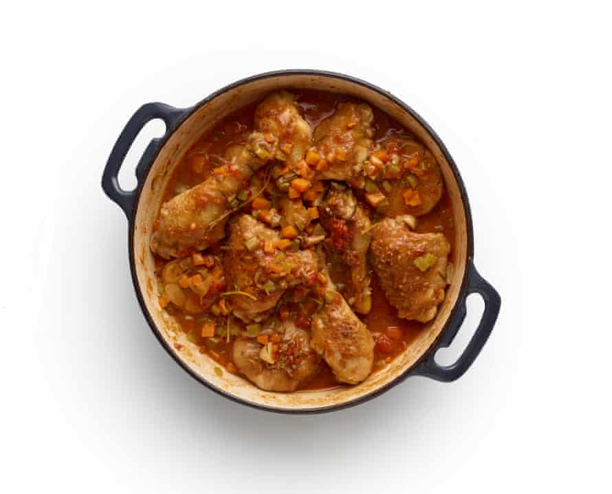 Felicity Cloake’s pollo alla cacciatore or hunter’s chicken masterclass for Feb 19 2022, stage 7. Reduce the sauce a bit.