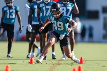Jacksonville Jaguars wide receiver Louis Rees-Zammit participates in training camp at Miller Electric Center in July.
