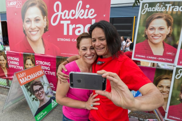 Jackie Trad (left) poses for a photo with a voter at a polling station at West End state school in Brisbane in November 2017.