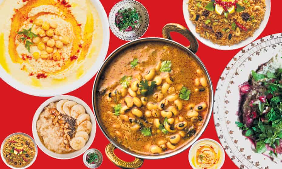 Vegan Ramadan dishes including hummus, bean curry, vegetable biriyani and baba ganoush