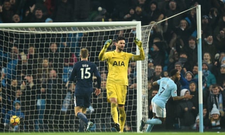 Manchester City’s Raheem Sterling scores past Tottenham Hotspur’s keeper Hugo Lloris to make it 4-0.