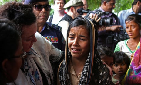 Karen Pierce, the UK ambassador to the UN, consoles a 12-year-old Rohingya refugee near Cox’s Bazar, in Bangladesh.