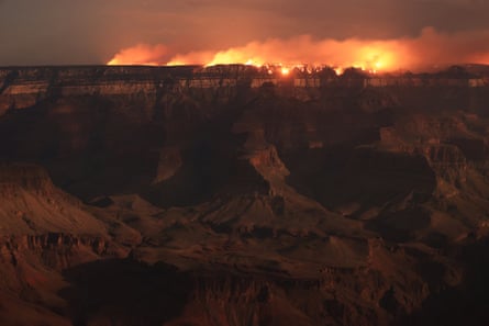 Fire and smoke in the distance of the Grand Canyon