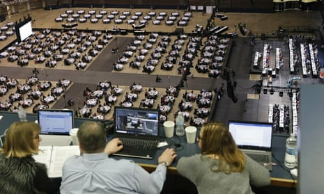 Media staff observe discussions and voting at the general conference of the United Methodist Church at America’s Center in St Louis, in February 2019.