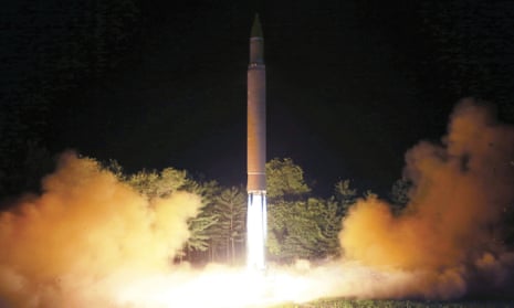 A photo distributed by the North Korean government on 29 July shows what was said to be the launch of a Hwasong-14 intercontinental ballistic missile.