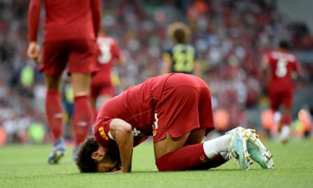 Mohamed Salah practises the sujood after scoring for Liverpool against Arsenal in August.