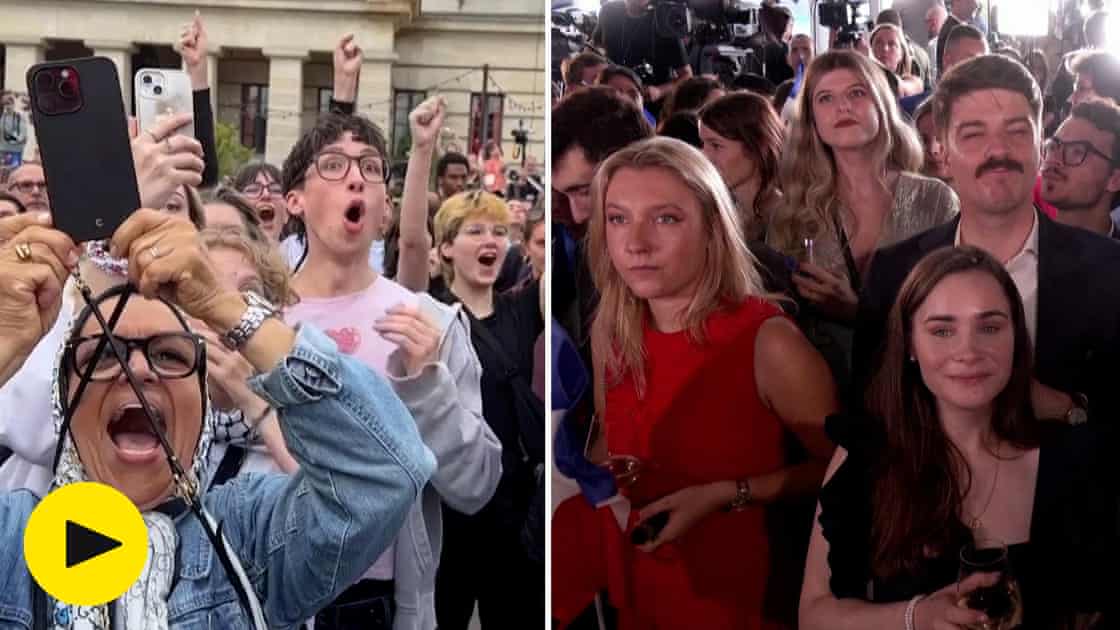 Far-right and progressives react at the same time to French election results – video