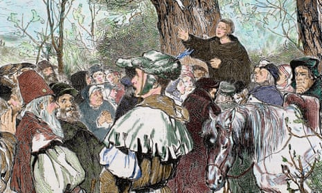 Engraving of Martin Luther preaching to a crowd in 1520