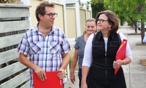 The Labor candidate for Batman, Ged Kearney, while door-knocking in Preston with volunteers Matt Zammit and Christine Ewing