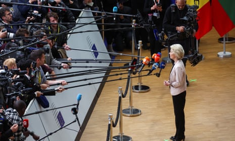 EU leaders attend a summit in BrusselsEuropean Commission President Ursula von der Leyen speaks to the press as she attends the European Union leaders summit, in Brussels, Belgium October 26, 2023.