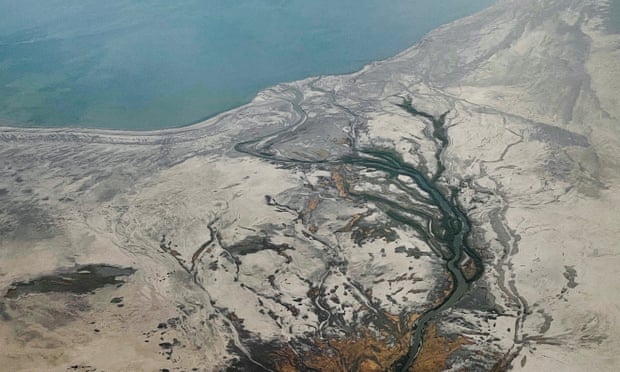 An aerial view shows that the shoreline has receded in the drought at Great Salt Lake outside Salt Lake City, Utah.