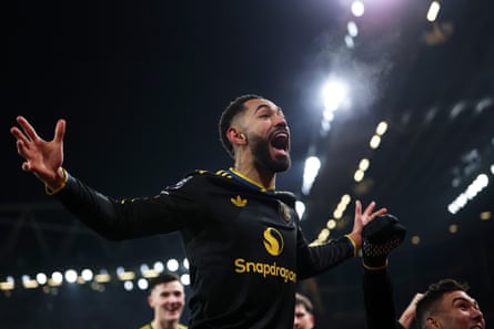 Matheus Cunha of Manchester United celebrates scoring the winning goal at Arsenal in January.