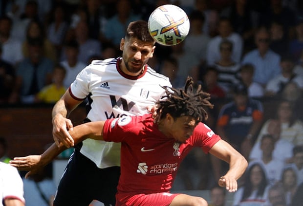 Aleksandar Mitrovic climbs above Trent Alexander-Arnold to head in the opening goal.
