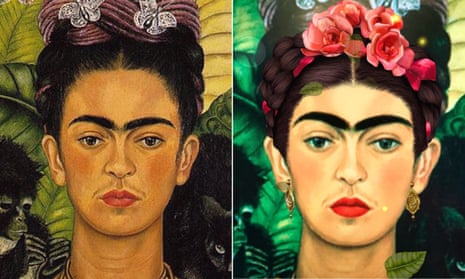 On the left is Frida Kahlo’s Self-Portrait with Thorn Necklace and Hummingbird (1940), on the right is the same self-portrait run through Snapchat’s filter. Composite: Alamy &amp; Snapchat