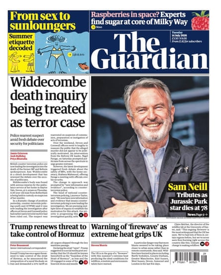 Front page of the Guardian 14 July 2026