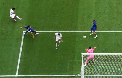England's Bukayo Saka scores a goal that was later disallowed for offside.