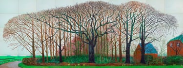 Bigger Trees near Warter, 2007More than 12m wide, this is Hockney’s largest work. It shows a coppice near Warter in Yorkshire before spring. Although Hockney lived in LA, he returned home to his mother’s in Bridlington for Christmas. After moving back in 2005, he decided to depict Warter trees on a huge scale. Because of studio space considerations, he couldn’t work on a ladder or scaffold. ‘The trouble,’ he said, ‘is that … you need to step back. Artists have been killed stepping back from ladders.’ Instead he used computer technology to see the work emerge.