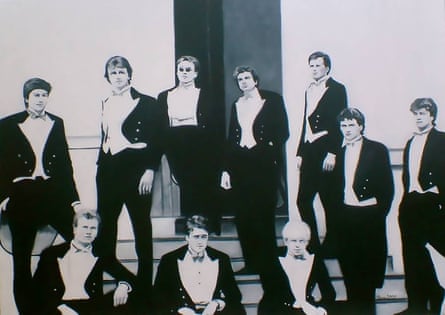 A black and white painting of a photograph of the Bullingdon Club’s class of 1987