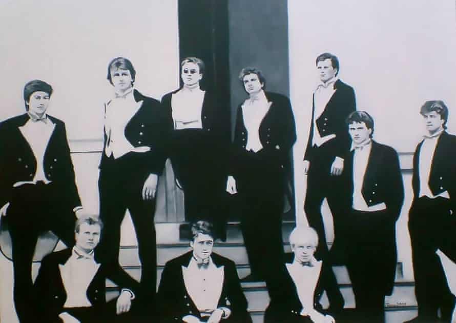 An oil painting of Bullingdon Club members, including Boris Johnson and David Cameron.