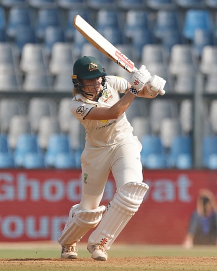 Australia’s Annabel Sutherland plays a shot during day four of the women’s Test against India in Mumbai
