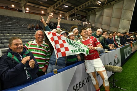 Adam Radwan, scorer of the decisive try, with fans after the game at Kingston Park.