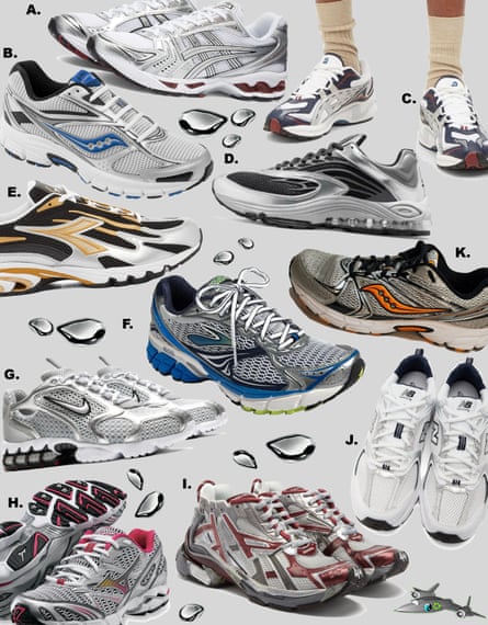 a collage of silver sneakers