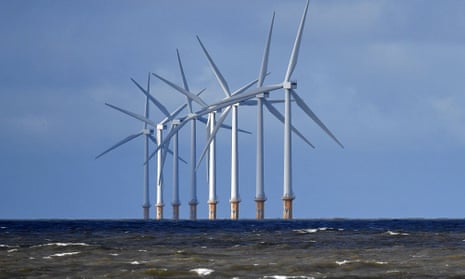 Turbines at the Burbo Bank offshore windfarm at the mouth of the river Mersey in north-west England.