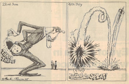 Cartoon of John Major lancing a boil. The impact of the boil exploding sends him firing off like a rocket in the second panel