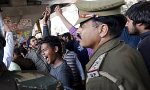 Demonstrators shout slogans during a protest in New Delhi on 21 February 2016