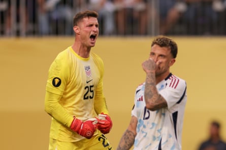 Matthew Freese of the United States celebrates after making a save during Sunday’s penalty shootout against Costa Rica.