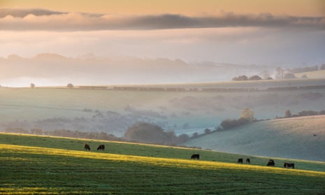 Morning mist at dawn from Ditchling Beacon on the South Downs Way, East Sussex.