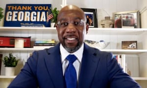 The Rev Raphael Warnock speaks via his YouTube channel after midnight.