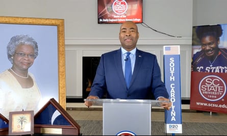 Jaime Harrison addresses the Democratic national convention by video feed in August.