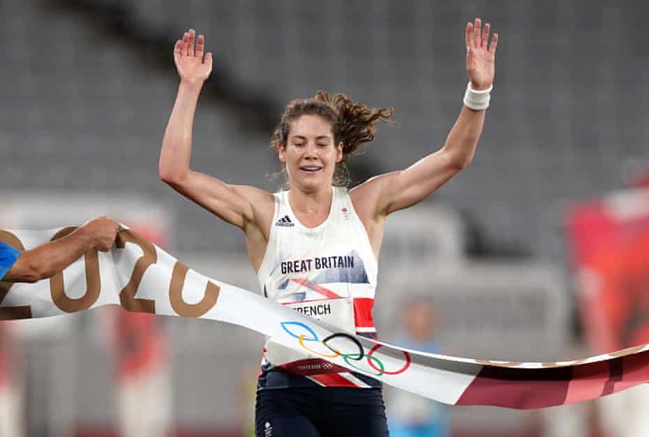 Kate French of Great Britain racing to gold in the modern pentathlon at the Tokyo Olympics.