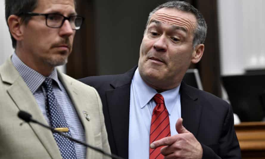 Mark Richards, lead attorney for Kyle Rittenhouse, right, raises his voice as he argues about a video with Assistant District Attorney Thomas Binger, left/