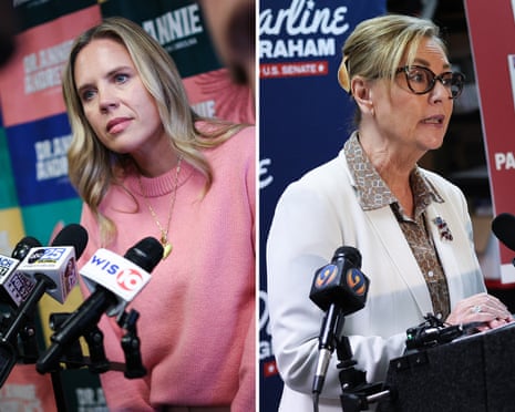 a composite images shows two women standing in front of microphones