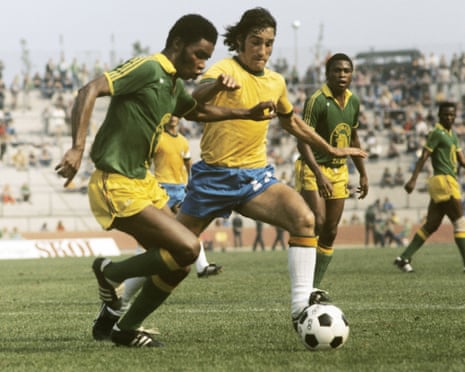 Zaire and Brazil play in 1974 at the Parkstadion in Gelsenkirchen.