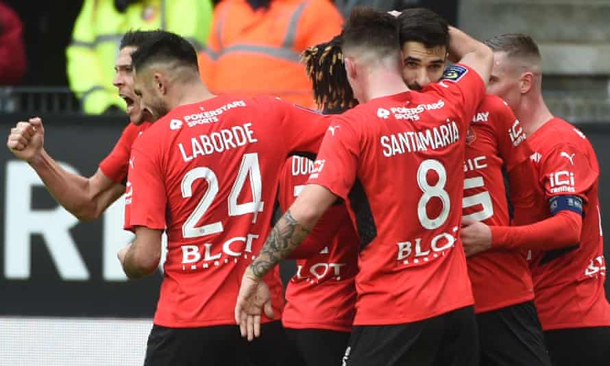 Rennes forward Martin Terrier (second right) is congratulated by teammates after scoring against Bordeaux.